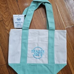 Trader Joe's Mini Pastel Canvas Tote Bag in Mint and White